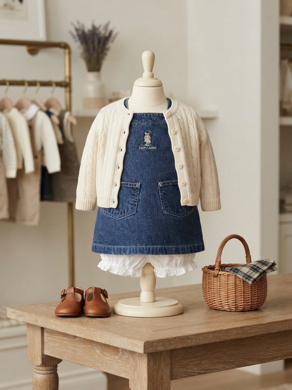 Ralph Lauren Baby Denim Jumper Dress Size 12-18M Embroidered Bear Blue Overalls